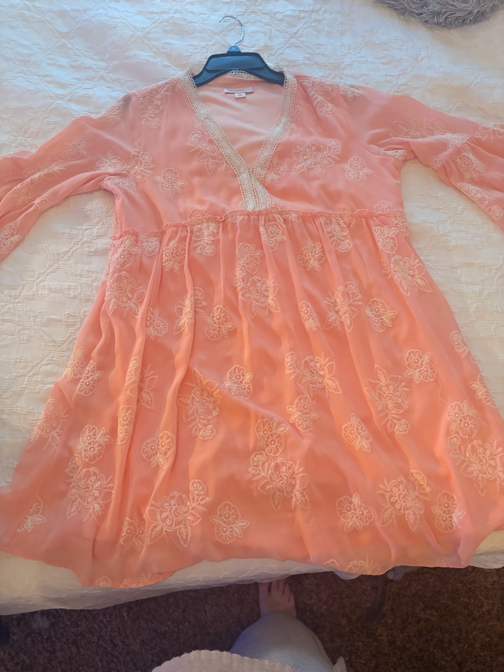 Peach Embroidered V-Neck Babydoll Dress